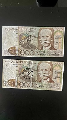 02 Cedulas do Brasil - Dez Mil Cruzeiros - Dez Mil Cruzeiros com carimbo 10 Cruzados - Rui Barbosa - Sob - ref.937