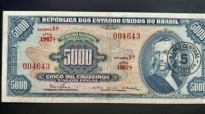 Cédula do Brasil - Cinco Mil Cruzeiros - carimbo 5 Cruzeiros Novos - Tiradentes - Mbc+ - ref. 940