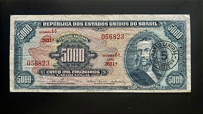 Cédula do Brasil - Cinco Mil cruzeiros - carimbo 5 Cruzeiros Novos - Mbc/Sob - ref.942