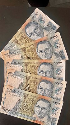 05 Cédulas do Brasil - Cinco Mil Cruzados - carimbo 5 Cruzados Novos - Sob/FE - ref.949