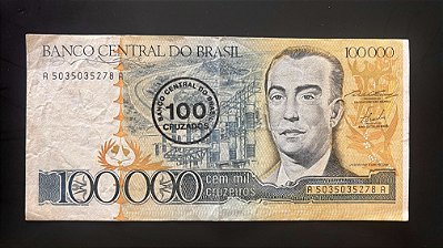 Cédula do Brasil - Cem Mil Cruzeiros - Carimbo 100 Cruzados - Juscelino Kubitschek - Mbc - ref.950