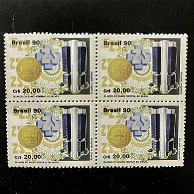 Quadra de Selos Comemorativos do Brasil - 25 Anos do Banco Central do Brasil - 1990- Mint - ref.953