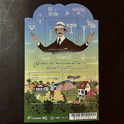 Bloco de Selos Comemorativos do Brasil - 150 Anos do Nascimento de Santos Dumont - 2023 - Mint - ref.970