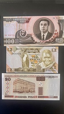 03 Cédulas Estrangeiras - Zambia -Bielorussia - Coreia do Norte - FE - ref.1002