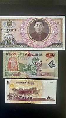 03 Cédulas Estrangeiras - Zambia - Camboja - Coreia do Norte - FE