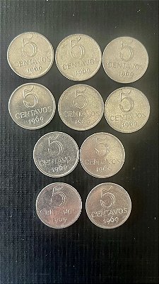 10 Moedas do Brasil - 5 Centavos 1969 - Aço Inoxidável - Mbc - ref.1090