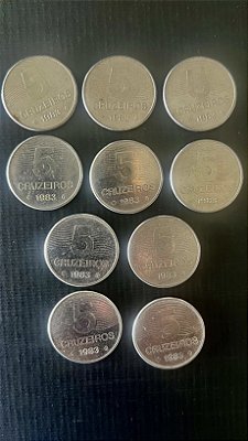 10 Moedas do Brasil - 5 Cruzeiros 1983 - Aço Inoxidável - Mbc - ref.1094