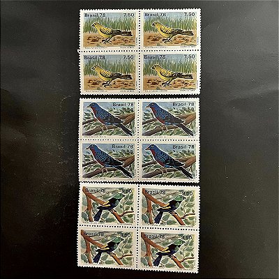 03 Quadras de Selos Comemorativos do Brasil - Proteção a Fauna - Pássaros Brasileiros - 1978 - Mint - ref. 1095
