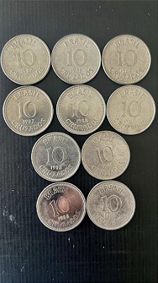 10 Moedas do Brasil - 10 Cruzado 1988 - Aço Inoxidável - Mbc - ref.1101