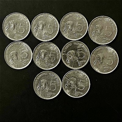10 Moedas do Brasil - 5 Centavos 1975 - Aço Inoxidável - Mbc - ref.1102