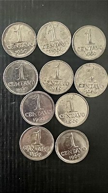 10 Moedas do Brasil - 1 Centavos 1969 - Aço Inoxidável - Mbc - ref.1110