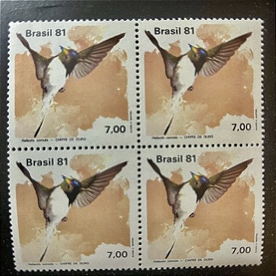Quadra de Selos Comemorativos do Brasil - Fauna Brasileira - Beija-Flores - Chifre de Ouro - 1981 - Mint - ref.2028