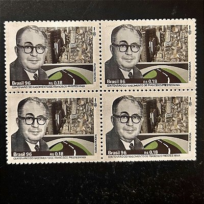 Quadra de Selos Comemorativos do Brasil - Centenário do Nascimento de Prestes Maia - 1996 - Mint - ref.2154