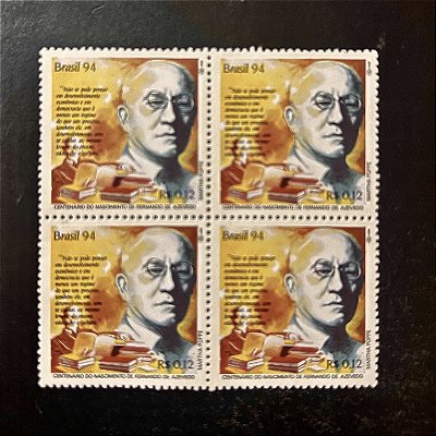 Quadra de Selos Comemorativos do Brasil - Literatura Brasileira - Fernando de Azevedo - 1994 - Mint - ref.2172