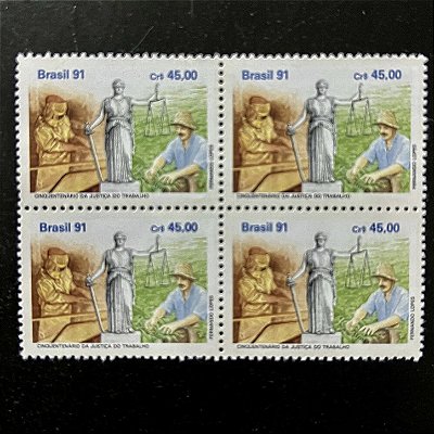 Quadra de Selos Comemorativos do Brasil - Cinquentenario da Justiça do Trabalho- 1991- Mint - ref.2180