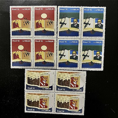 Quadra de Selos Comemorativos do Brasil - Literatura Brasileira - Dia Nacional do Livro - 1992 - Mint - ref.2197