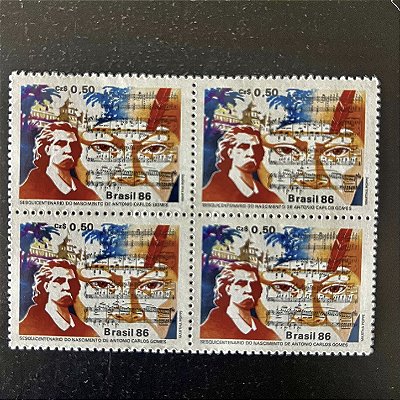 Quadra de Selos Comemorativos do Brasil - Sesquicentenario do Nascimento de Carlos Gomes - 1986 - Mint - ref.2262