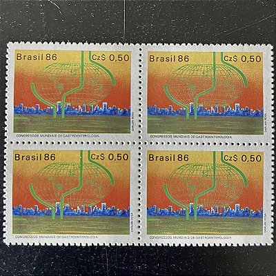 Quadra de Selos Comemorativos do Brasil - Congressos Mundiais de Gastroenterologia em SP - 1986 - Mint - ref.2270
