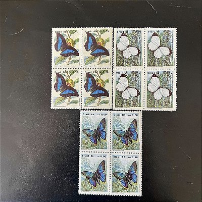 03 Quadras de Selos Comemorativos do Brasil - Preservação da Fauna Brasileira - Borboletas - 1986- Mint - ref.2296