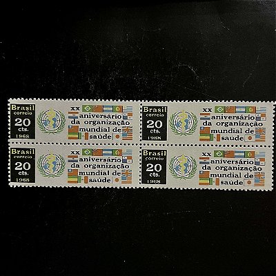 Quadra de Selos Comemorativos do Brasil - 20o.Aniversario da Organização Mundial de Saude - 1968- Novo - ref.2372