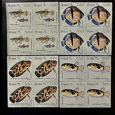 04 Quadras de Selos Comemorativos do Brasil - Peixes Brasileiros de Agua Doce - 1975 - Novo - ref.2412