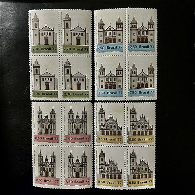 04 Quadras de Selos Comemorativos do Brasil - Arquitetura Religiosa no Brasil - Igrejas - 1977 - Mint - ref.2446