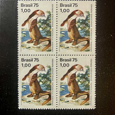 Quadra de Selos Comemorativos do Brasil - Preservação da Fauna e da Flora - Ariranha - 1975 - Mint - ref.2453