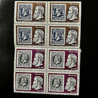 02 Quadras de Selos Comemorativos do Brasil - Dia do Selo - Centenário da Emissão Cabeça Pequena - 1981 - Mint - ref.2519