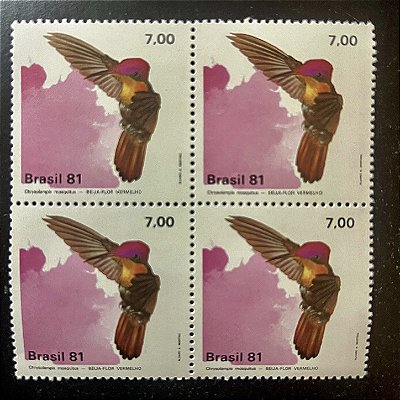 Quadra de Selos Comemorativos do Brasil - Fauna Brasileira - Beija-Flores - Beija Flor Vermelho - 1981 - Mint - ref.2524