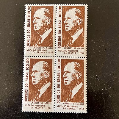 Quadra de Selos Comemorativos do Brasil - Visita do Presidente da França General Charles de Gaulle - 1964 - Novo - ref.2588