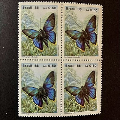 Quadra de Selos Comemorativos do Brasil - Preservação da Fauna Brasileira - Borboletas - Pyrrhopyge Rificauda - 1986 - ref.2623