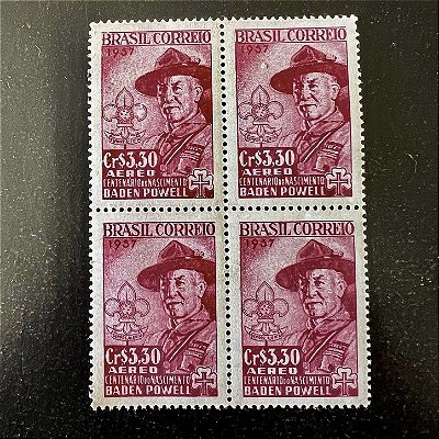 Quadra de Selos Comemorativos do Brasil - Centenário de Nascimento de Lord Baden Powell - 1957 - Novo - ref.2678
