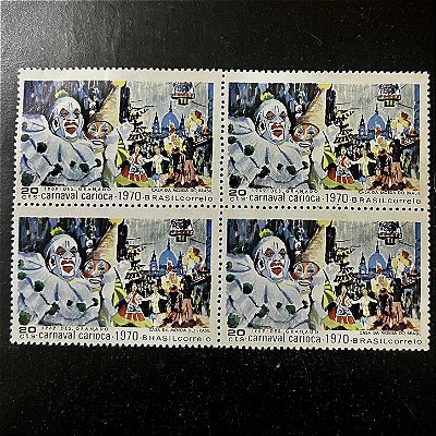 Quadra de Selos Comemorativos do Brasil - Carnaval Carioca - Pierrot - Colombina - 1970 - Novo - ref.2705