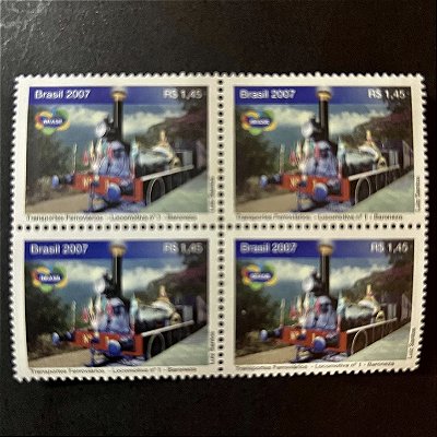 Quadra de Selos Comemorativos do Brasil - Transportes Ferroviários -Locomotiva Baroneza - 2007 - Mint - ref.2717