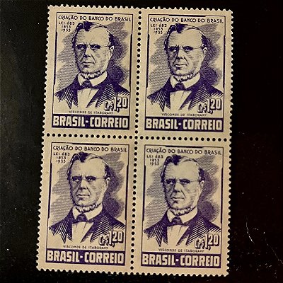 Quadra de Selos Comemorativos do Brasil - Centenário da Criação do Banco do Brasil - 1953 - Novo - ref.2719