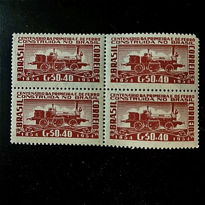 Quadra de Selos Comemorativos do Brasil - Centenário da Primeira Estrada de Ferro Construida no Brasil - 1954 - Novo - ref.2733