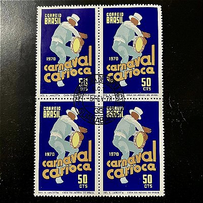 Quadra de Selos Comemorativos do Brasil - Carnaval Carioca - Sambista com Pandeiro - 1970 - com carimbo - ref.2842