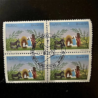 Quadra de Selos Comemorativos do Brasil - Natal 85- Nascimento de Jesus - com carimbo comemorativo - ref.2844