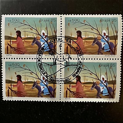Quadra de Selos Comemorativos do Brasil - Natal 85- Fuga para o Egito - com carimbo comemorativo - ref.2845