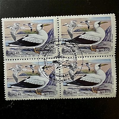 Quadra de Selos Comemorativos do Brasil - Preservação da Fauna Brasileira - Atobá - 1985 - com carimbo comemorativo - ref.2852