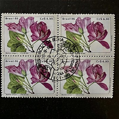 Quadra de Selos Comemorativos do Brasil - Preservação da Flora - Unha de Vaca - com carimbo comemorativo - ref.2853