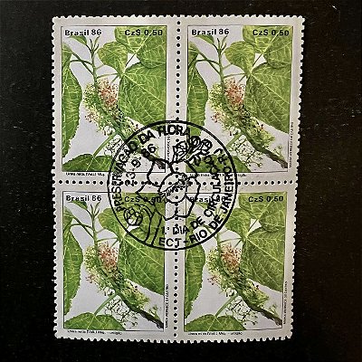 Quadra de Selos Comemorativos do Brasil - Preservação da Flora - Urtigão - 1986 - com carimbo comemorativo - ref.2854