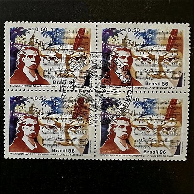 Quadra de Selos Comemorativos do Brasil - Sesquicentenário de Antonio Carlos Gomes - 1986 - com carimbo comemorativo - ref.2856