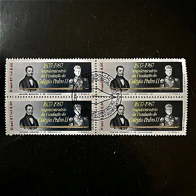 Quadra de Selos Comemorativos do Brasil - Sesquicentenário da Fundação do Colegio Pedro II - 1987 - com carimbo comemorativo - ref.2858