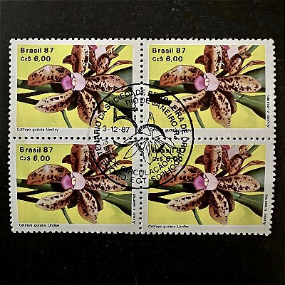 Quadra de Selos Comemorativos do Brasil - Cinquentenário da Sociedade Brasileira de Orquidófilos - Cattleya Guttata- 1987 - com carimbo comemorativo - ref.2859