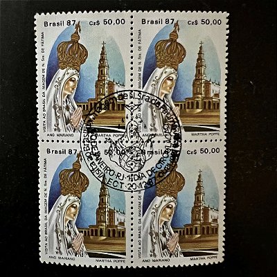 Quadra de Selos Comemorativos do Brasil - Visita ao Brasil da Imagem de Nossa Senhora de Fátima - 1987 - com carimbo comemorativo - ref.2860