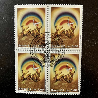 Quadra de Selos Comemorativos do Brasil - Dia Nacional de Ação de Graças - 1987 - com carimbo comemorativo - ref.2861