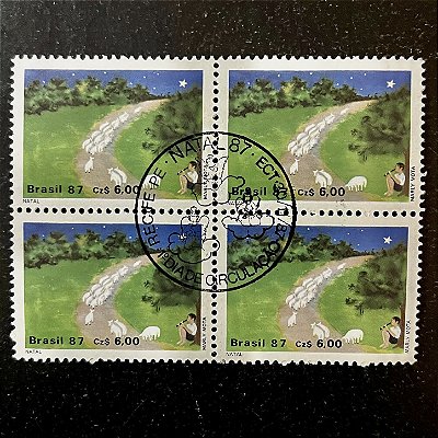 Quadra de Selos Comemorativos do Brasil - Natal 87 - Natal no Campo - 1987 - com carimbo comemorativo - ref.2864