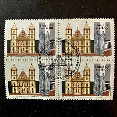Quadra de Selos Comemorativos do Brasil - 400 Anos do Convento de São Francisco - 1987 - com carimbo comemorativo - ref.2866