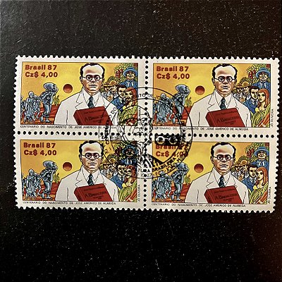 Quadra de Selos Comemorativos do Brasil - Dia do Livro - Centenario Nascimento de Americo de Almeida - 1987 - com carimbo comemorativo - ref.2867